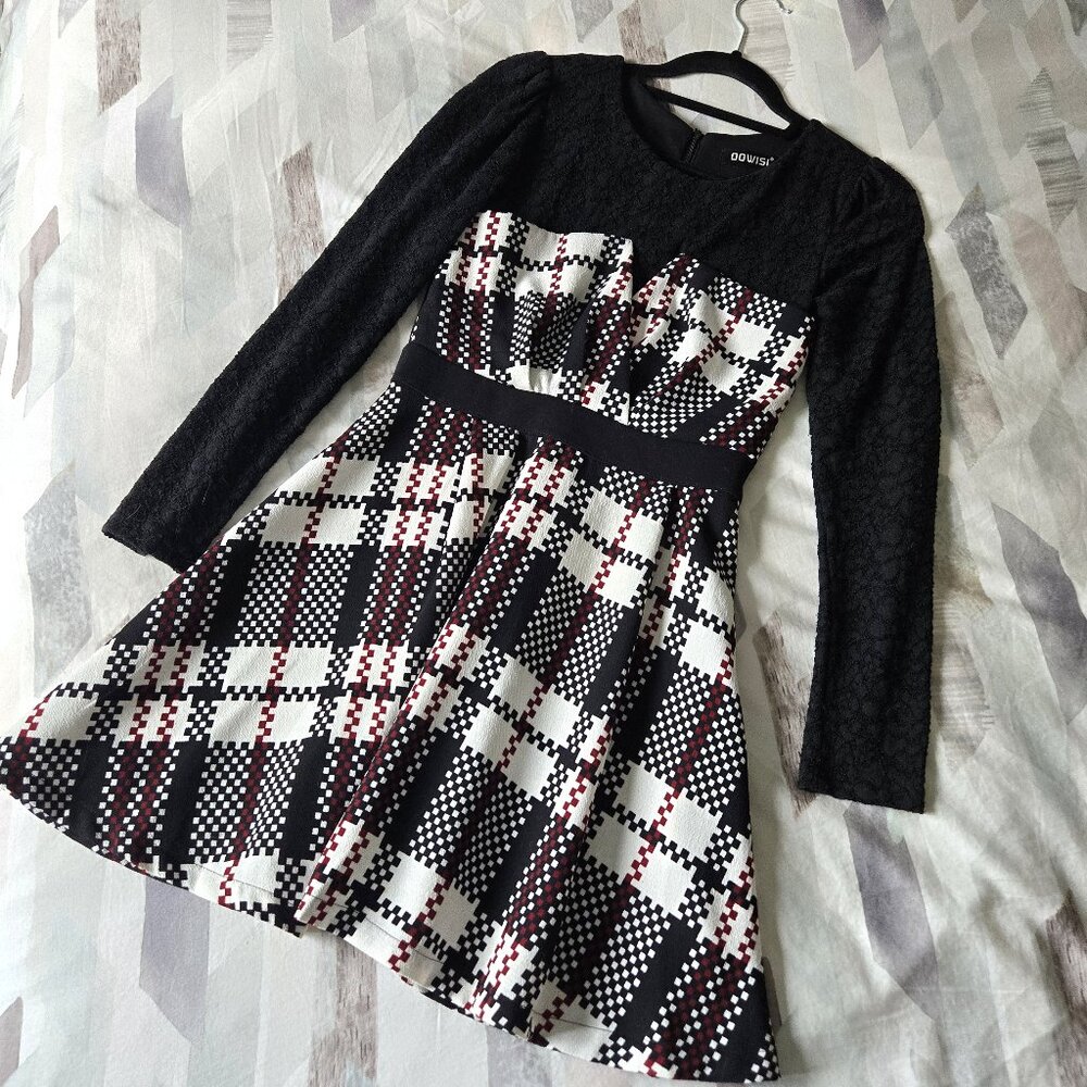 Black Plaid Dress with lace sleeves